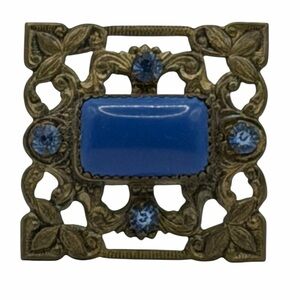 Antique Art Deco Czech Blue Rhinestone Cabochon Stone Filigree Leaf Brooch 1920s